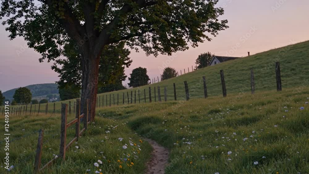 Scenic countryside trail winding through green pastures at sunset with lone tree and fence line. Rural hiking path in peaceful mountain landscape. Summer evening nature walk. Scenic countryside trail winding through green pastures at sunset with lone tree and fence line. Rural hiking path in peaceful mountain landscape. Summer evening nature walk.