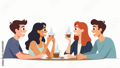 Friends are talking at the table, drinking coffee and chatting. Happy people group meeting for friendly communication, sitting and chatting, conversation. Flat vector illustration.