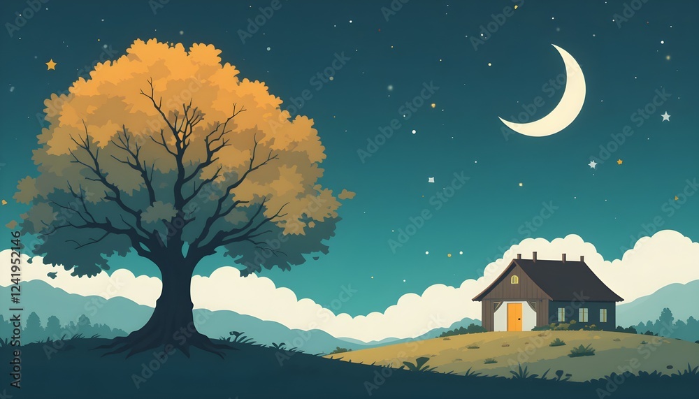 Fototapeta premium Serene Night-scape: House and Tree Under Moonlight