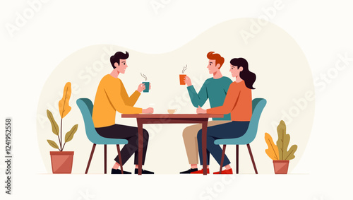 Friends are talking at the table, drinking coffee and chatting. Happy people group meeting for friendly communication, sitting and chatting, conversation. Flat vector illustration.