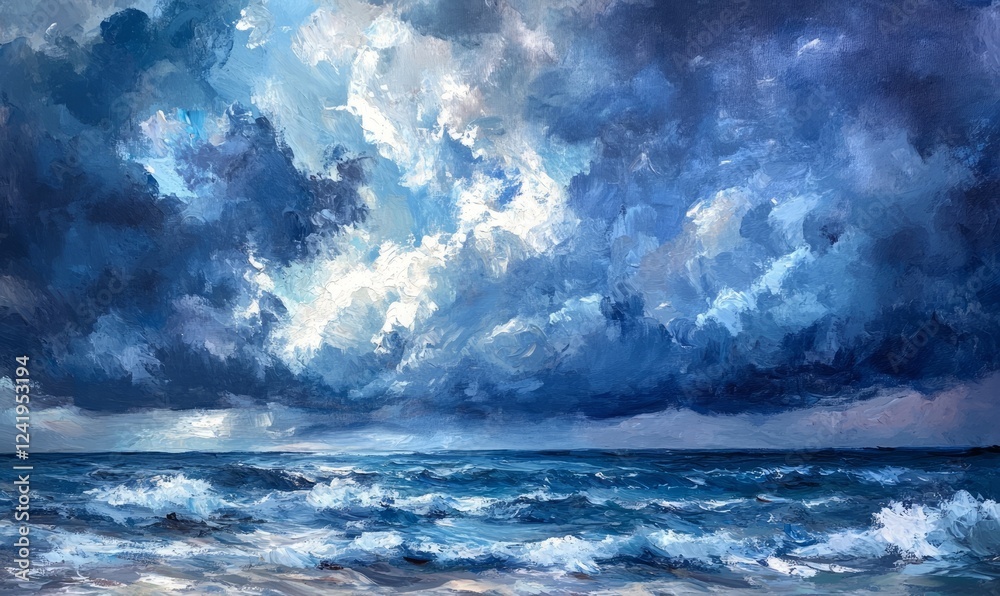 Fototapeta premium Dramatic ocean painting with turbulent waves and stormy, clouded sky.