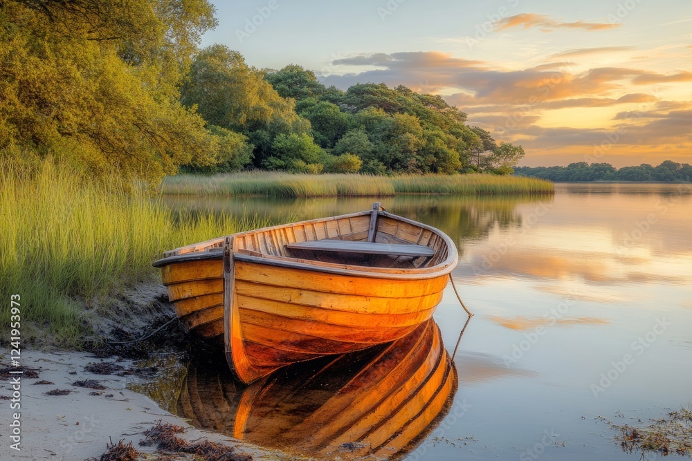 Obraz premium Soft light bathes a small wooden boat anchored close to the shore during the golden hour. The warm tones and calm water create a serene atmosphere, perfect for relaxation and reflection