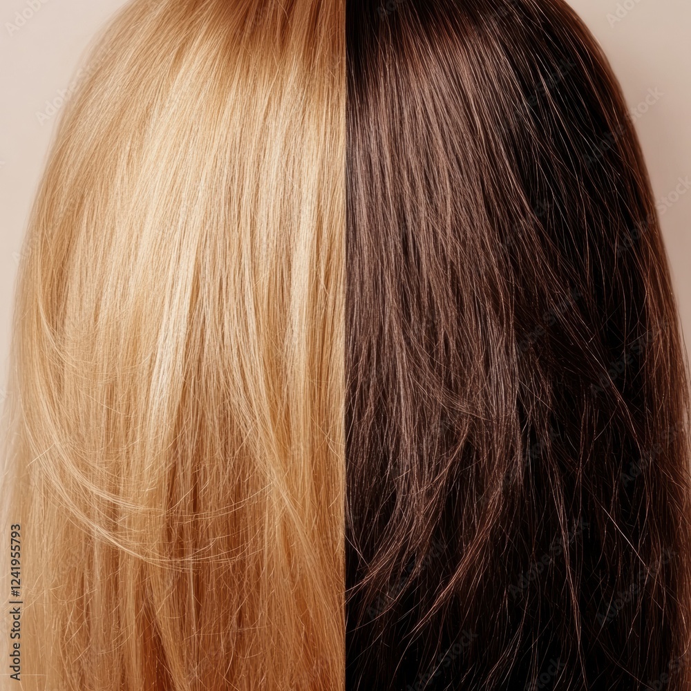Comparison of damaged dull hair strands and shiny healthy hair showing clear differences in texture and appearance. Generative AI Comparison of damaged dull hair strands and shiny healthy hair showing clear differences in texture and appearance. Generative AI