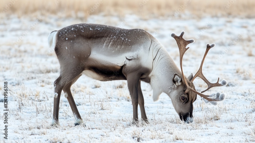 Majestic Reindeer Grazing on Snowy Landscape in Winter Wonderland Majestic Reindeer Grazing on Snowy Landscape in Winter Wonderland