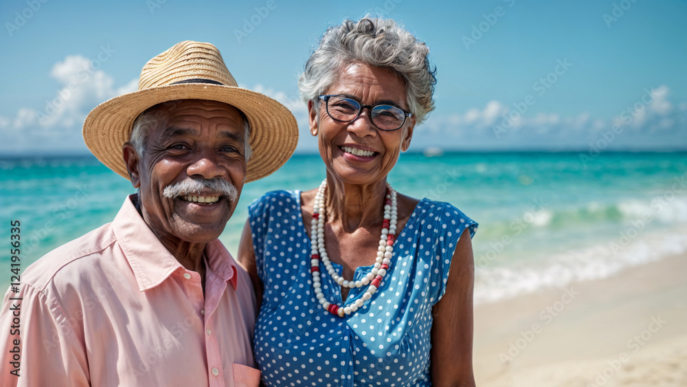 Retired African American Couple Enjoying Beach Vacation Retired African American Couple Enjoying Beach Vacation