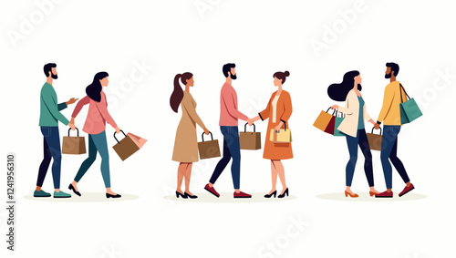 People shopping set. Customers with carts buy products, clothes in retail stores. Buyers make purchases on sale in supermarket, grocery market. Flat isolated vector illustrations on white background