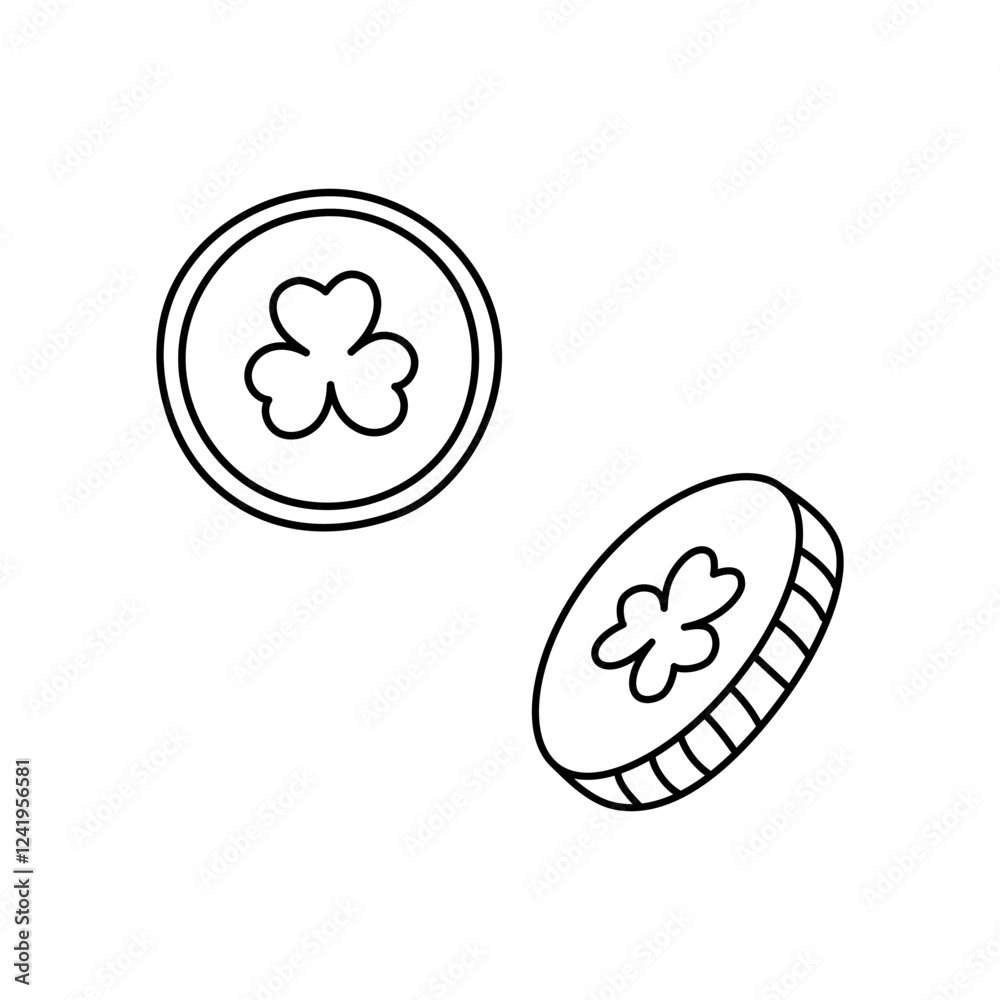 Lucky coins with shamrocks. Irish design elements. St Patricks Day symbol. Vector doodle illustration. Fortune coins isolated Lucky coins with shamrocks. Irish design elements. St Patricks Day symbol. Vector doodle illustration. Fortune coins isolated