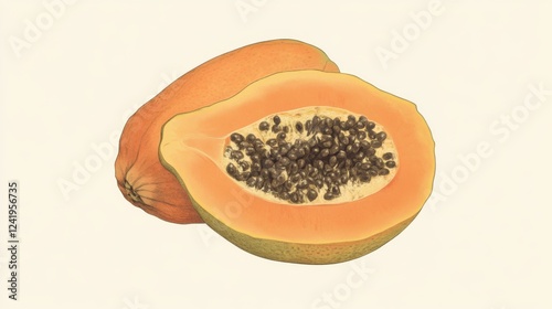 Ripe papaya cut in half, seeds visible,  white background, healthy food image photo