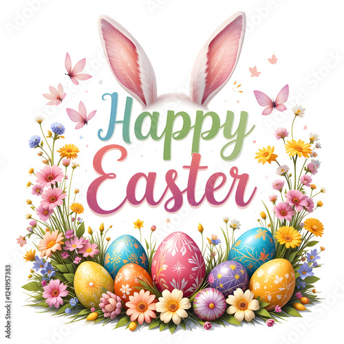 Happy easter colorful eggs flowers on transparent background