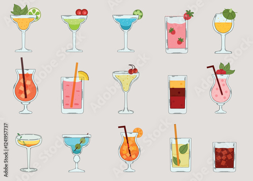 Set of various cocktail glasses with colorful fizzy drinks, garnished with fruits, citrus slices, cherries, mint leaves, and straws on a light background in retro style.