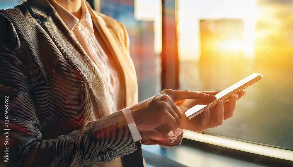 Obraz premium 透き通る春の日差しとともに映る、スマートフォンを操作する指先のクローズアップが生む上品なビジネスシーン