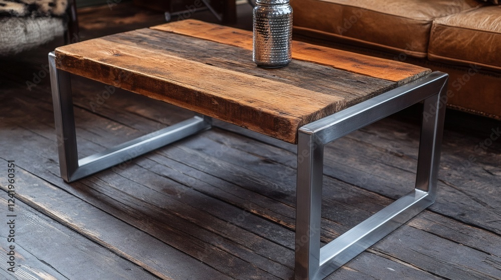 Rustic Reclaimed Wood and Steel Coffee Table in Industrial Loft Setting Rustic Reclaimed Wood and Steel Coffee Table in Industrial Loft Setting