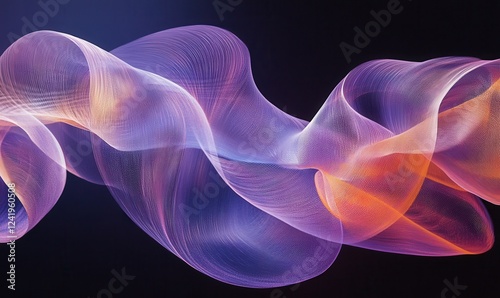 Abstract swirling ribbons of light, blending soft hues of lavender and peach against a clean background.