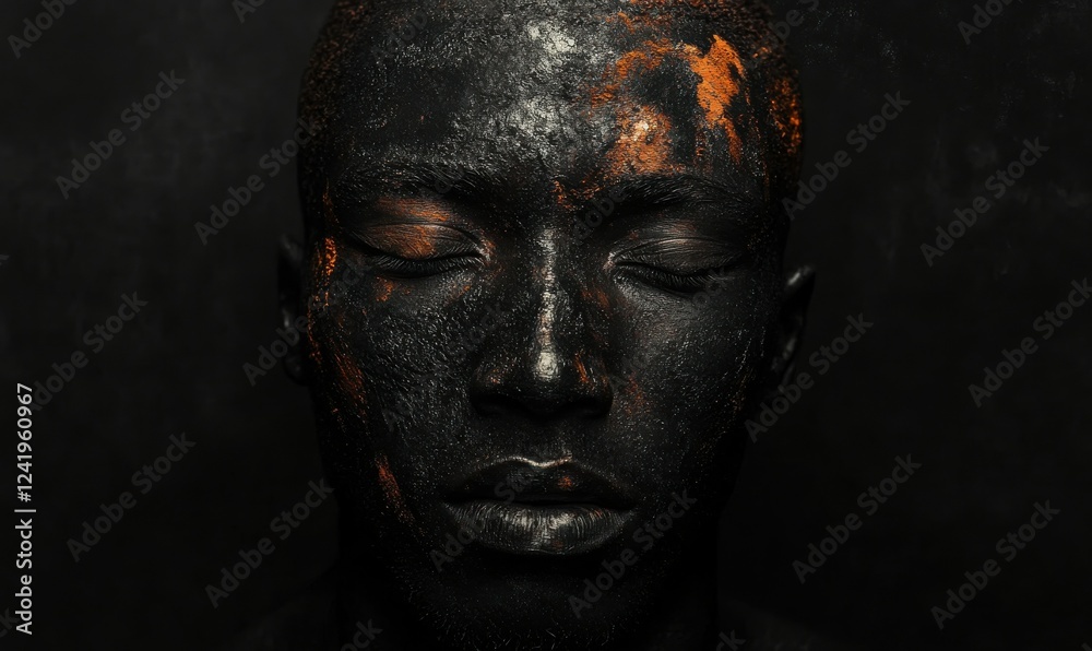 of powder painted face of the African man in dark background of powder painted face of the African man in dark background