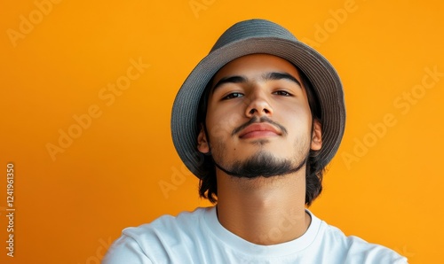Confident young latin man with bucket hat against orange backdrop image