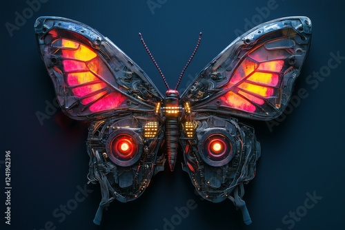 Cybernetic butterfly, mechanical wings and glowing details
