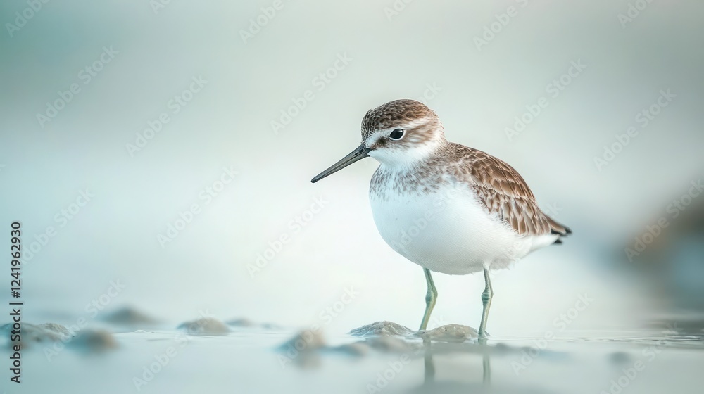 Sandpiper on a Mudflat A sandpiper forages on a mudflat, its brown and white feathers blending with the mud and water. The image captures the bird's delicate features and the serene environment. Sandpiper on a Mudflat A sandpiper forages on a mudflat, its brown and white feathers blending with the mud and water. The image captures the bird's delicate features and the serene environment.