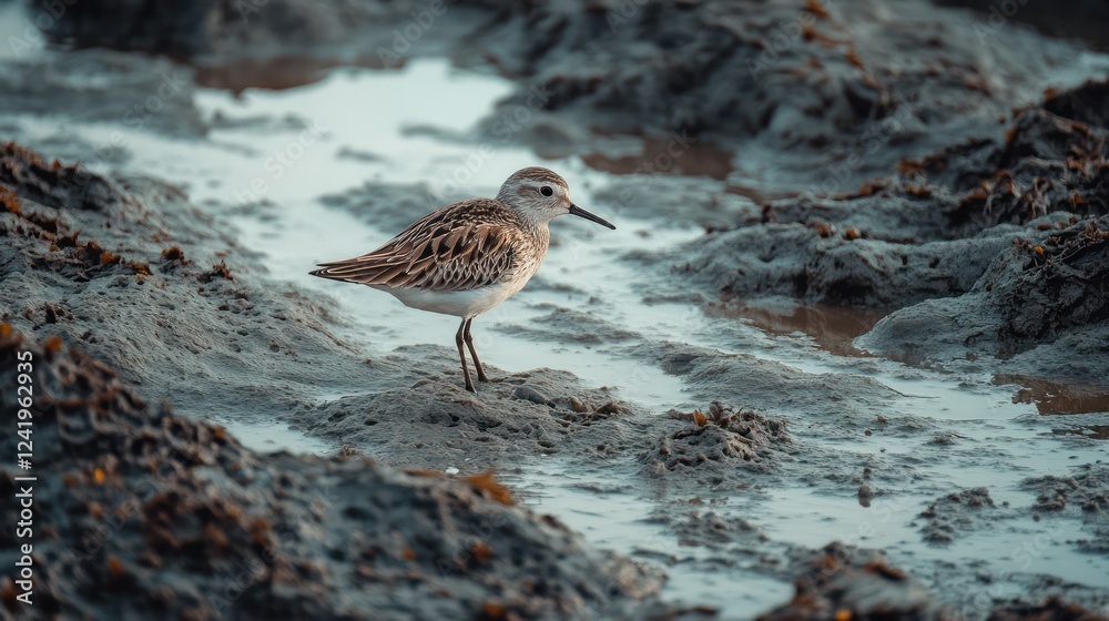 Sandpiper on a Mudflat A sandpiper forages on a mudflat, its brown and white feathers blending with the mud and water. The image captures the bird's delicate features and the serene environment. Sandpiper on a Mudflat A sandpiper forages on a mudflat, its brown and white feathers blending with the mud and water. The image captures the bird's delicate features and the serene environment.