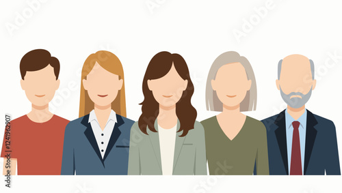 Portraits of people without faces. Vector pictures of persons of different nationalities and genders. Teenagers, adults and aging populations. Individuals of different professions and class levels