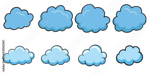Cartoon Cloud Collection - Blue Hand-Drawn Fluffy Clouds with Black Outlines, Perfect for Weather, Sky, and Nature Designs	