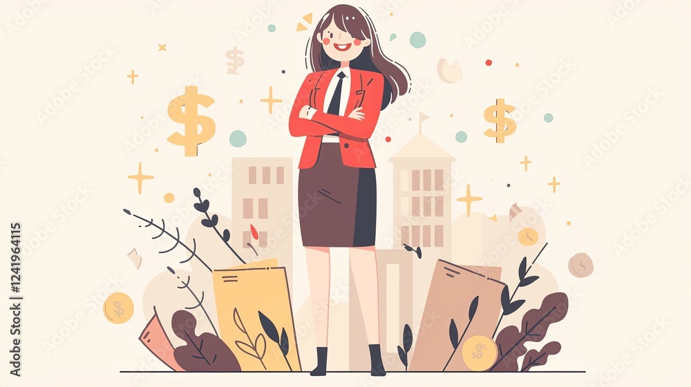 Obraz premium Confident businesswoman surrounded by financial icons and cityscape illustration