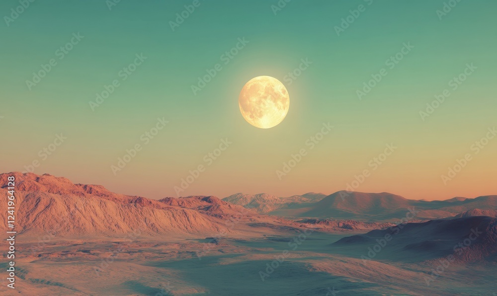 Dreamy scene of a glowing moon over a serene desert landscape with soft pastel tones and shadows. Dreamy scene of a glowing moon over a serene desert landscape with soft pastel tones and shadows.