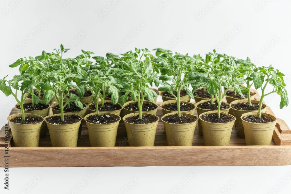 Obraz premium Healthy green tomato seedlings grow steadily in individual biodegradable pots, arranged neatly on a wooden tray. Vibrant plants signal nurturing care and preparation for planting