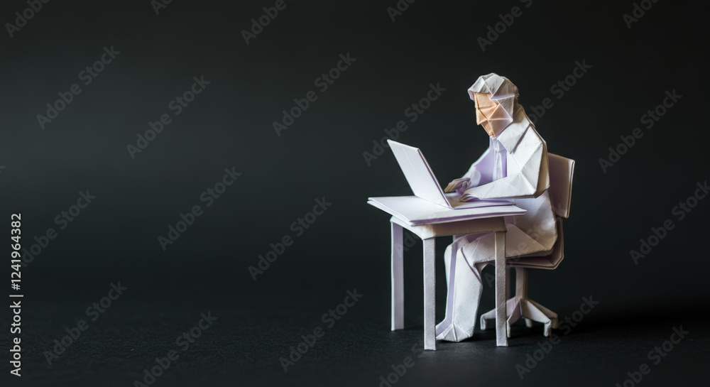 Naklejka premium Scientist made of origami working diligently in a research lab at a desk with a laptop computer, focused on the task at hand
