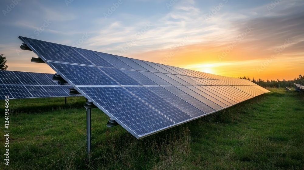 Solar Panel Array Under Beautiful Sunset in Green Field Solar Panel Array Under Beautiful Sunset in Green Field