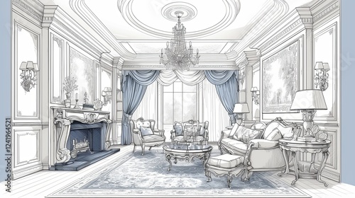 Elegantly drawn interior showcasing luxurious classical furniture and sophisticated design