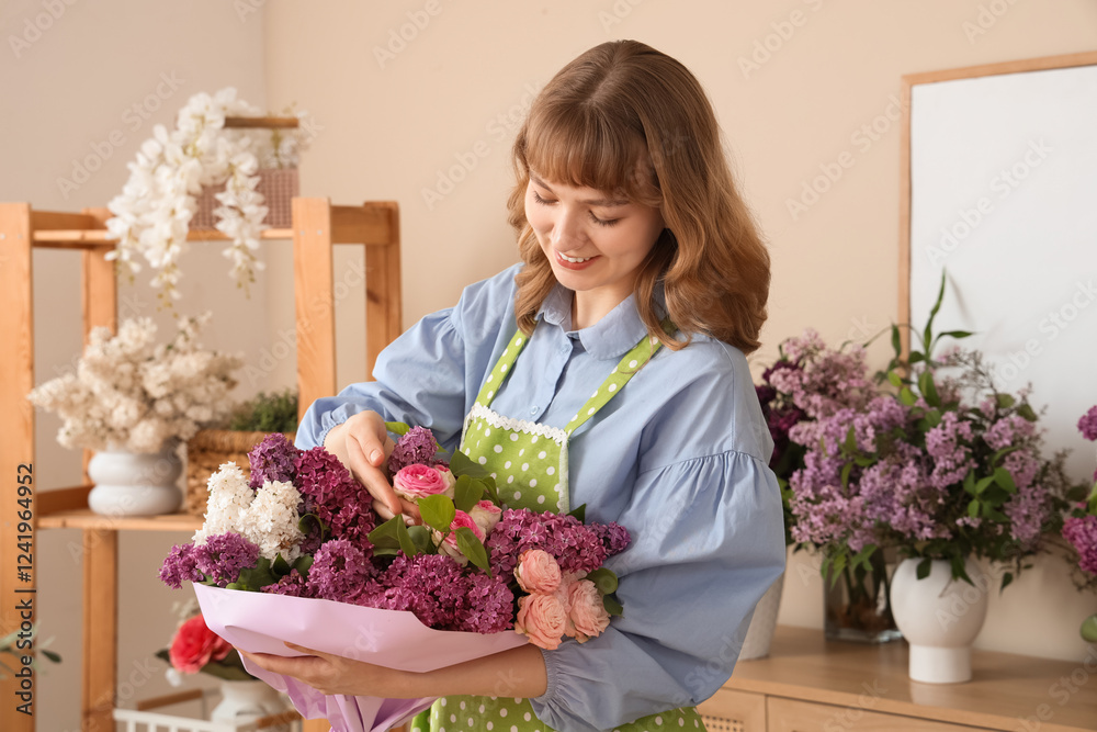 Female florist with beautiful bouquet with lilacs and roses in shop Female florist with beautiful bouquet with lilacs and roses in shop