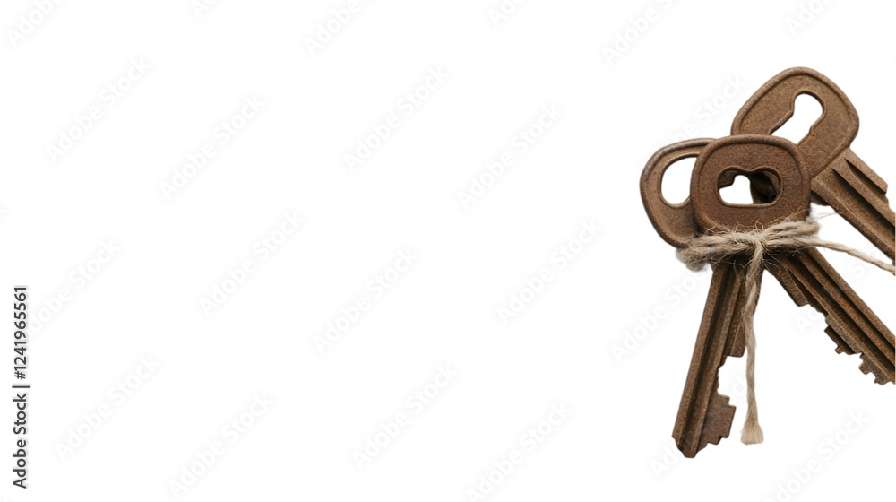 A collection of old keys, tied together with twine, placed neatly on a white background. Transparent background
A collection of old keys, tied together with twine, placed neatly on a white background. Transparent background