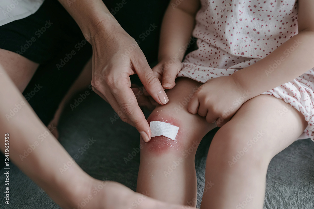 © Luluraschi - close-up of a child's scraped knee, slightly red and bruised, as an adult gently applies antiseptic