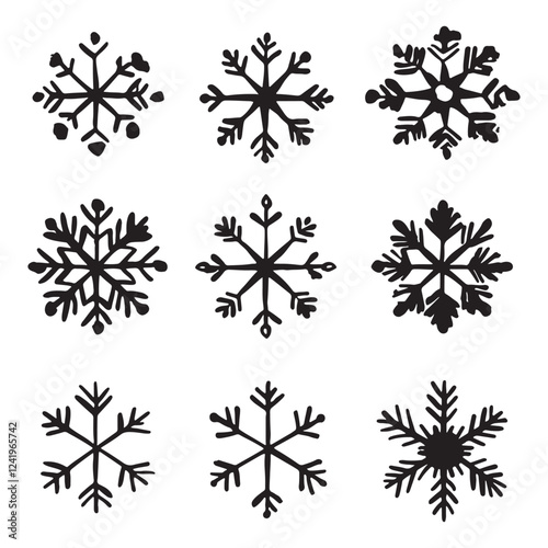 set of sketch rubber stamps with doodled inky snowflakes