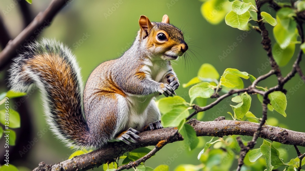 Squirrel Sitting on Branch Surrounded by Green Leaves in Nature Squirrel Sitting on Branch Surrounded by Green Leaves in Nature