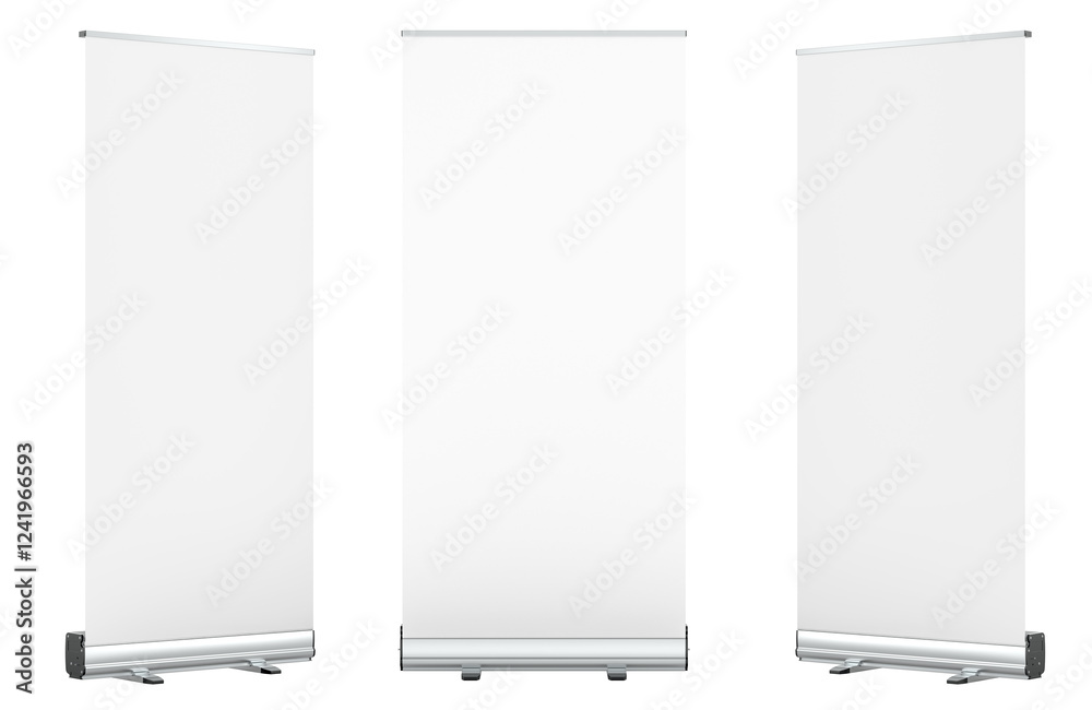 Blank Roll Up Banners. Rollup aluminium self-rolling display stands, self-rolling advertising displays. Mockup, template. 3D rendering isolated on transparent background