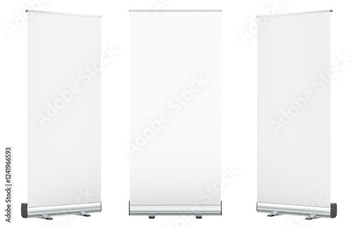 Obraz na płótnie Blank Roll Up Banners. Rollup aluminium self-rolling display stands, self-rolling advertising displays. Mockup, template. 3D rendering isolated on transparent background w salonie