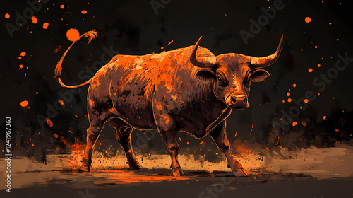 Fierce wild bull with mud-stained coat and sharp horns stands alone on dark background, symbolizing power and intensity of iconic spanish festival tradition. Cultural Festivals & Rituals. Illustration photo