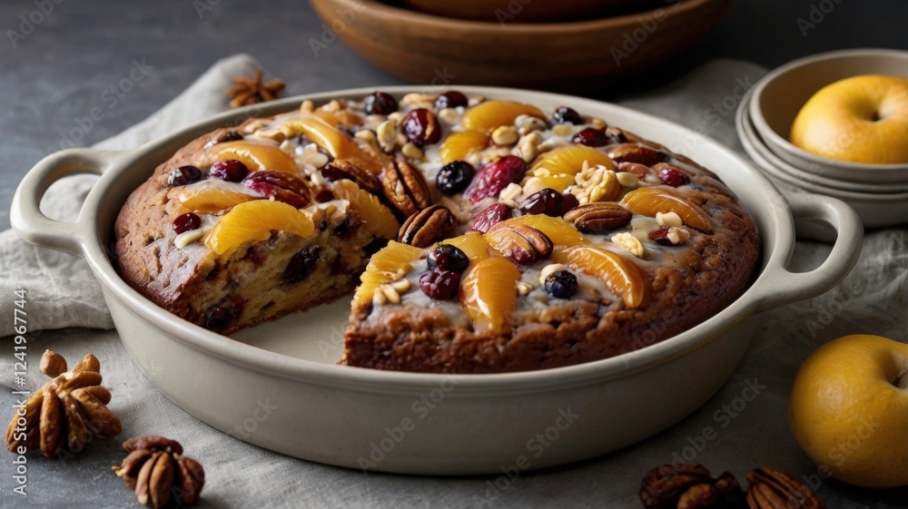 Festive Fruit Cake Perfection: A Decadent Top-View Shot of a Traditional Holiday Dessert with Dried Fruits, Nuts, and Glossy Glaze Festive Fruit Cake Perfection: A Decadent Top-View Shot of a Traditional Holiday Dessert with Dried Fruits, Nuts, and Glossy Glaze