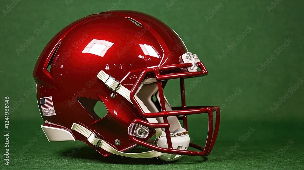 Fototapeta premium Maroon football helmet, green background, sports equipment