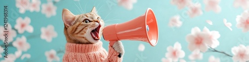 Adorable kitten in a sweater announces spring's arrival with a megaphone! photo