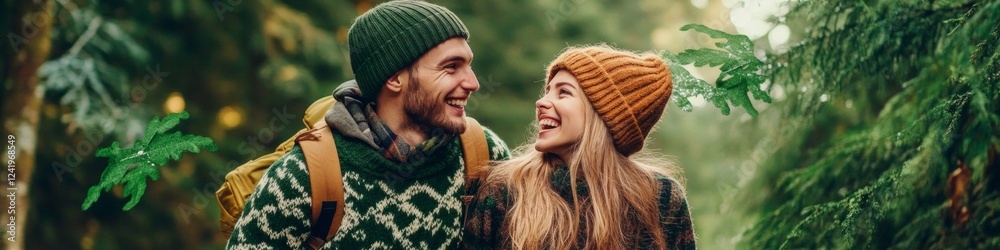 Fototapeta premium Happy couple hiking in a lush forest, enjoying nature's beauty.