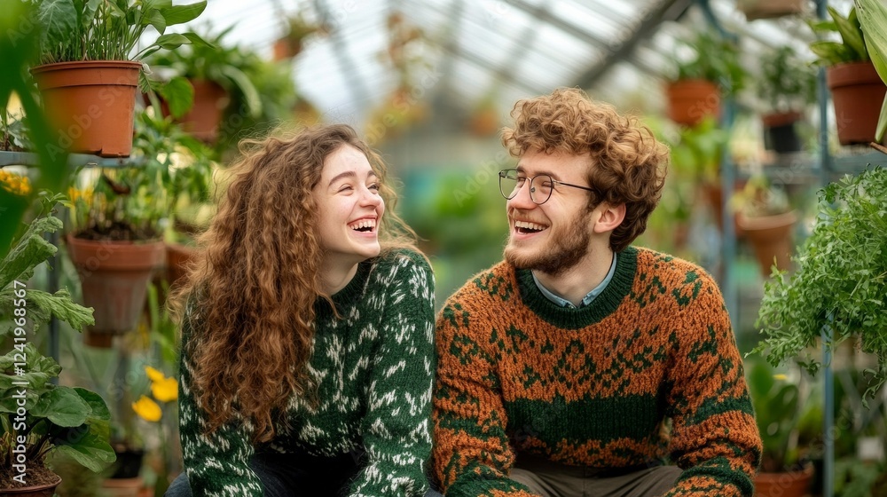 Naklejka premium A happy couple laughs together amidst lush greenery in a greenhouse.