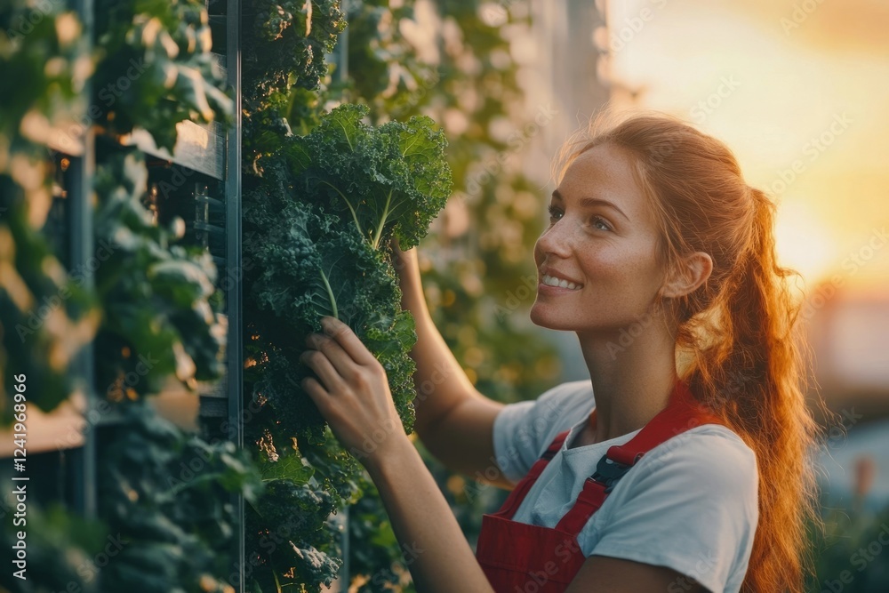 A young woman smiles while tending to a vibrant vertical garden of kale. A young woman smiles while tending to a vibrant vertical garden of kale.