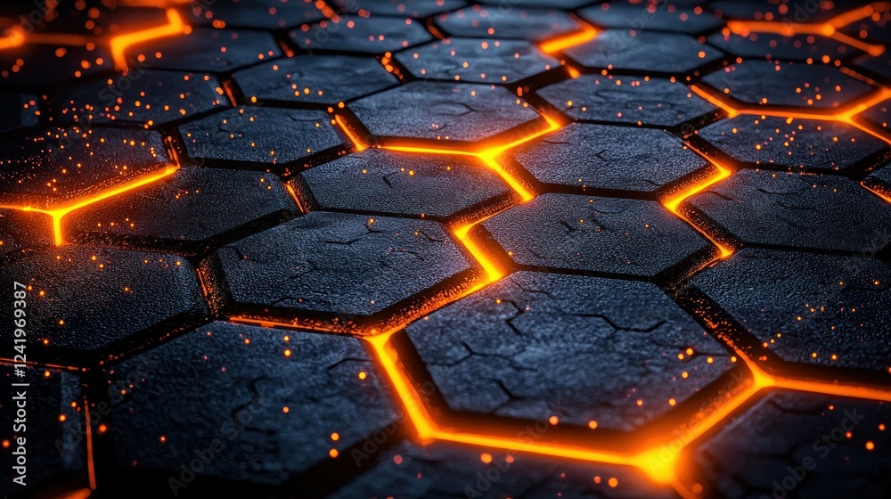 Glowing Hexagonal Lava Texture, Abstract Background Glowing Hexagonal Lava Texture, Abstract Background
