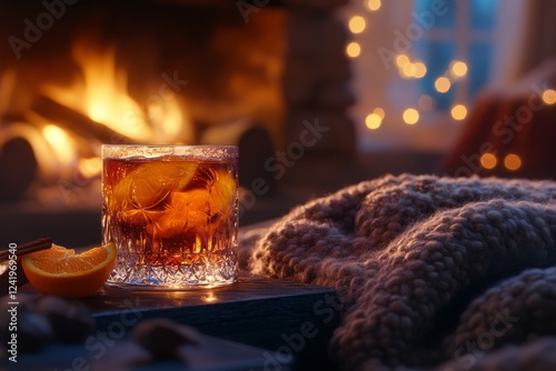 Cozy winter drink by fireplace