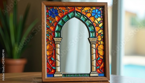 Vibrant Stained Glass Window Framed in Wooden Artistry on Table with Potted Plant photo