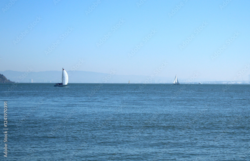 Fototapeta premium Sailboats share the calm waters of the San Francisco Bay on a sunny day. The Golden Gate Bridge can be seen in the distance.