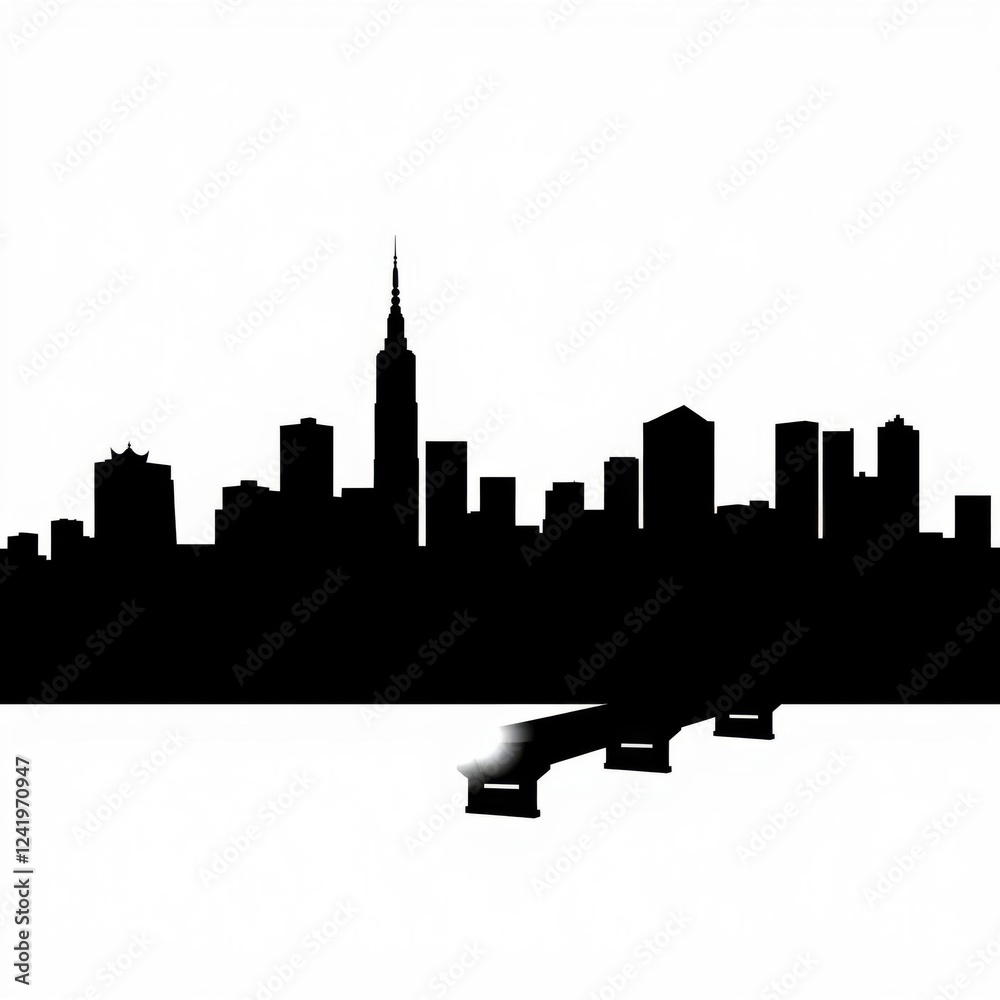 Obraz premium Nighttime skyline view of a city with reflections a crescent moon and flying birds in the atmosphere silhouetted skyline cityscape architecture illustration building city vector