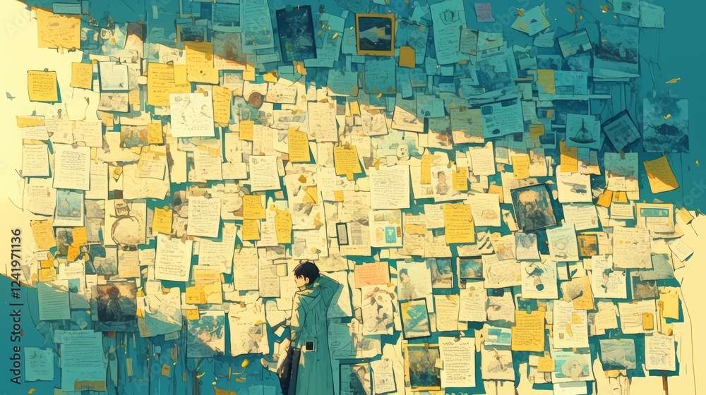Fototapeta premium Artistic wall filled with creative notes and drawings in hand-drawn illustration style